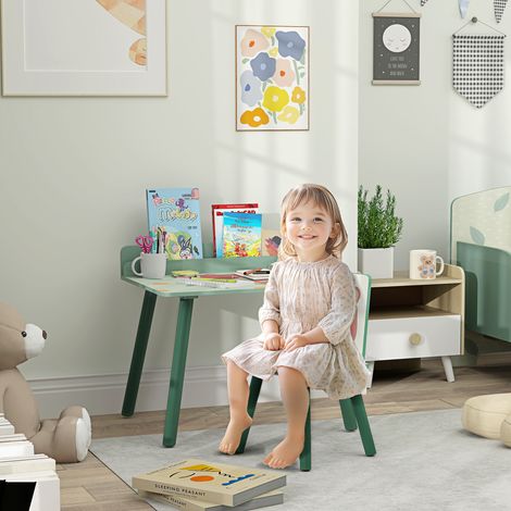 Ensemble table et chaise pour enfants avec étagère de rangement. En MDF et pin. Vert.