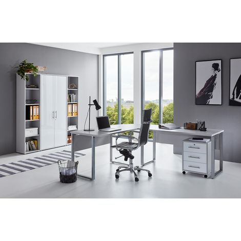 Büromöbel Arbeitszimmer komplett Set OFFICE EDITION (Set 3) in Lichtgrau/ Weiß matt