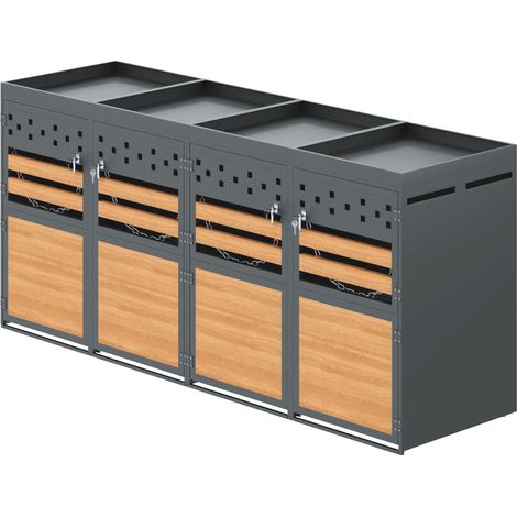 Coffre pour 4 Poubelles 120-240 L avec Toit Végétalisé, Acier Galvanisé Anthracite et Porte Effet Bois (1/5)