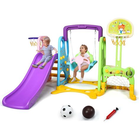 COSTWAY 6 in 1 Kinder Spielplatz, Kinder Rutsche & Schaukel & Basketballkorb & Fussballtor & Wurfspiel & Schreibzone fuer Outdoor und Indoor, Kinderrutsche fuer Kinder von 3-8 Jahren (1/5)