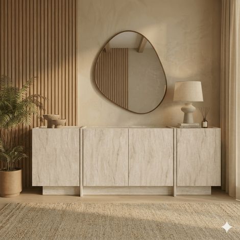 Sideboard Japandi Travertin Melamin Lowen 180x45x80 cm