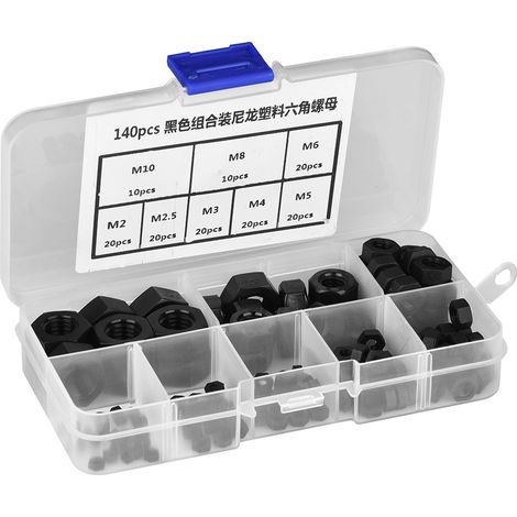 140 écrous hexagonaux en nylon et plastique (noir) à filetage M2/M2.5/M3/M4/M5/M6/M8/M10 (1/5)