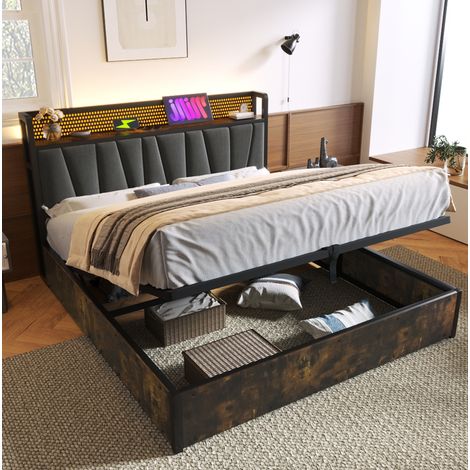 Bett Doppelbett Stauraum 160x200 Leinen LED Grau OKMYHOME (1/5)
