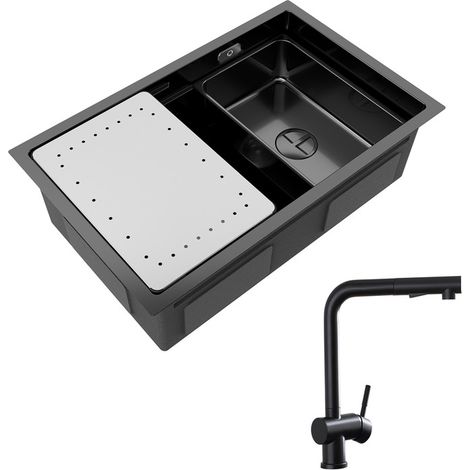 Cecipa Évier Cuisine 1 Bac Noir avec Egouttoir et Vasque Évier à Encastrer 70×44×21CM + Robinet Douchette Mitigeur avec Douchette Extractible (1/5)