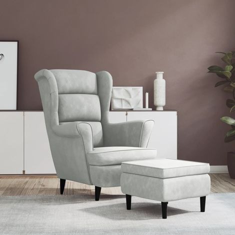 Sillón orejero y taburete de terciopelo gris claro (1/5)