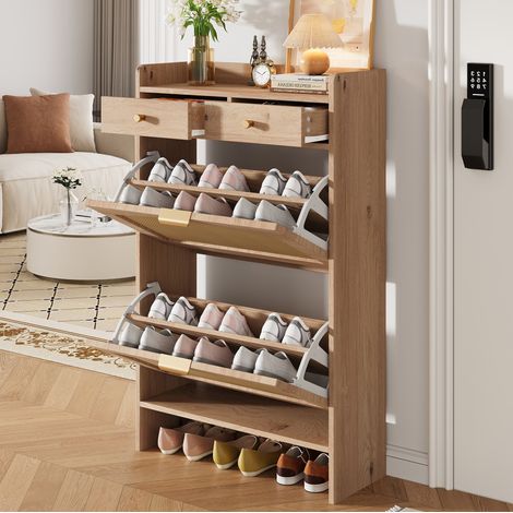 Mueble zapatero 65x25x106 cm en madera natural con almacenaje para entrada FloraGrace (1/5)