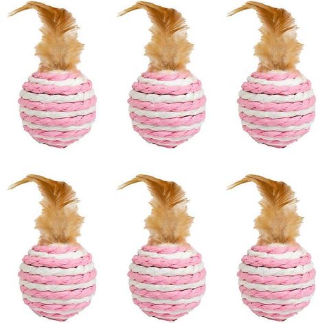 Lot de 6 jouets mignons pour chatons : balle en sisal à plumes, jouet interactif d'intérieur - Rose (1/5)