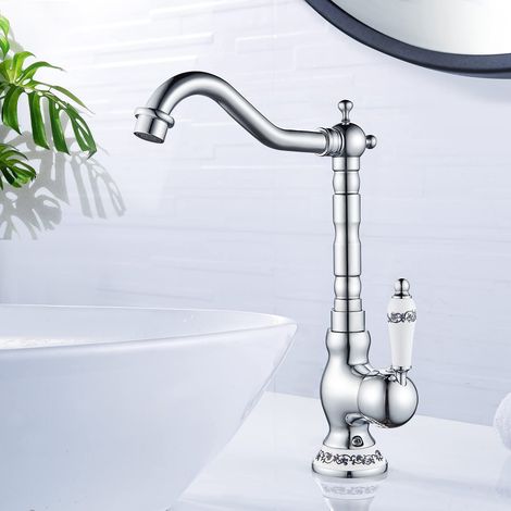Robinet de Lavabo Rétro, Robinet Salle de Bain en Laiton Chromé, Haut Robinet Mitigeur Lavabo pour Lavabo ou Vasque de Salle Bain, Eau Chaude et Froide Disponible (1/5)