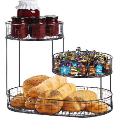 JF HOME BLISS 3-Tier Metal Fruit Basket Large Countertop Fruit & Vegetable Storage Stand for Kitchen Dining Table Space-Saving Organizer for Apples Bananas Onions Snacks Bread (Black) (1/5)