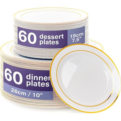 Assiettes en Plastique Réutilisables Blanches avec Bord Doré Plates Dessert Solide Incassable pour Mariages Anniversaires Fêtes (1/5)