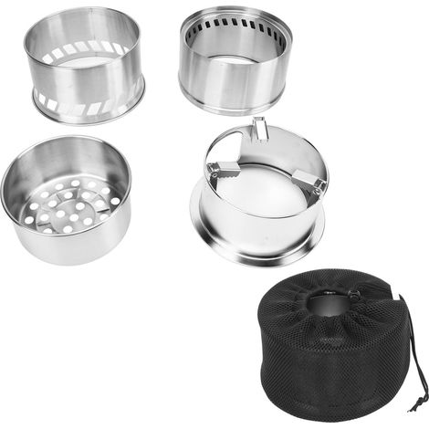 Poêle à bois de camping portable en acier inoxydable, réchaud bois pliable pour randonnée, chauffage tente et BBQ, avec sac de rangement. (1/5)