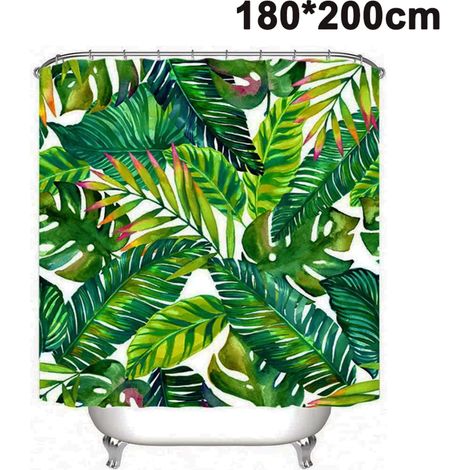200 x 180 cm großer, dunkelgrüner Duschvorhang mit Monstera-Blattmotiv aus Polyester, inklusive 12 Haken (1/4)