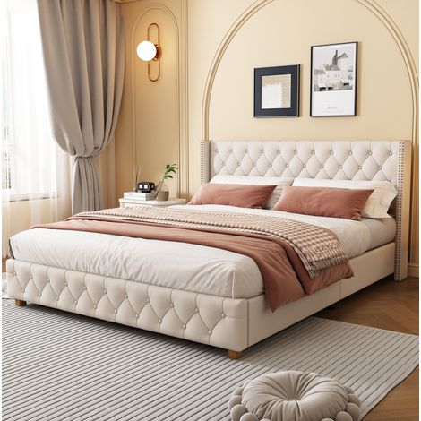 lit adulte couchage capitonné 160x200 lin beige OKMYHOME (1/5)