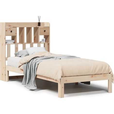 Lit simple  Lit adulte  Lit bibliothèque sans matelas 90x190 cm bois de pin massif