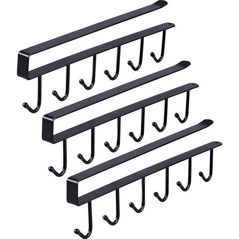 Accessoire de rangement pour cuisine Lot De 3 Porte-Tasses Sans Perçage Crochets De Rangement Pour Tasses, Gobelets, Verres À Vin, Ustensiles De Cuisine Avec Vis Autocollantes - Noir (1/5)