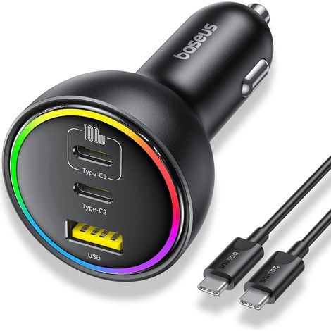152.5W Allume Cigare USB C, 3 Ports RGB Chargeur Voiture Rapide avec Câble USB C de 100W, Chargeur Allume Cigare pour 16/15/14/13, S24/S23, iPad, AirPods, etc (1/5)