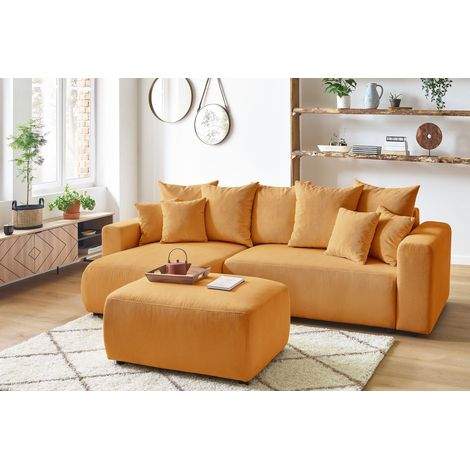BOBOCHIC - Canapé d'angle réversible convertible coffre ENVY velours côtelé avec pouf   Jaune (1/5)