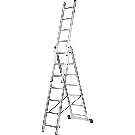 KORMAX escalera aluminio industrial triple 10 p. , Escalera de aluminio industrial doble 310A10 peldaños x 3 tramosAltura extendida 6,76 mAltura en tijera 2,68 mAlt