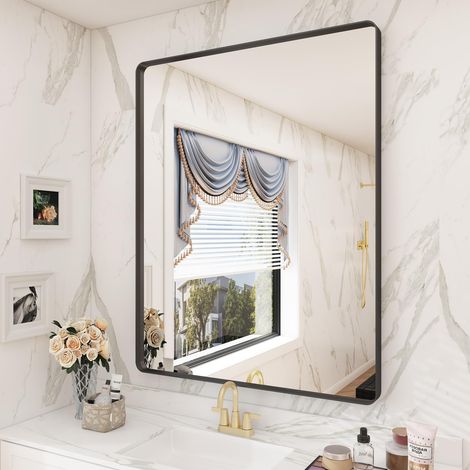 Miroir de Salle de Bain Noir Mat 71,1 x 91,4 cm, Miroir de courtoisie rectangulaire avec Cadre pour Mur, Coins arrondis, Anti-Rouille, incassable (horizontalement/verticalement) (1/5)