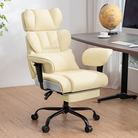 VANSPACE ergonomisch Massage Gaming- und Bürostuhl Leder mit Fußstütze, verstellbarer Kopf- & Armlehne, 200 kg belastbar, Beige
