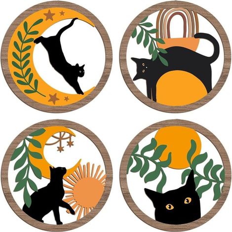 Lot de 4 décorations murales bohème en bois - Motif chat noir et plante - Vintage - Pour salon, bureau ou cadeau (1/5)