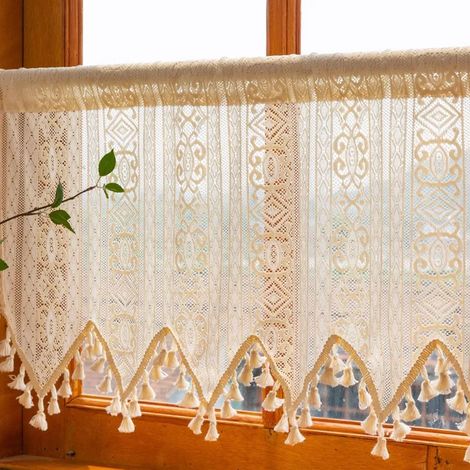 Rideau de style bohème vintage en dentelle avec pompons, style champêtre, rideau court, pour cuisine, salon, chambre, largeur x hauteur : 132 x 45 cm (1/5)