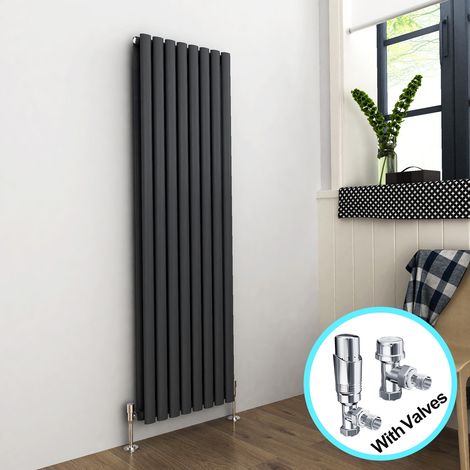 ELEGANT Vertical Radiator 1600 x 472mm Double Panel Designer Anthracite Oval Column Heating Rad with Chrome Thermostatic Radiator Valves (1/5)