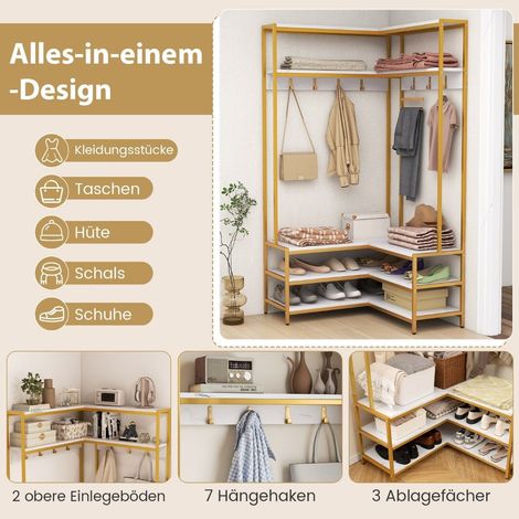 Eck garderobenstander mit sitzbank l formiger kleiderstander mit offenen ablagen 90 x 90 x 178 cm wei