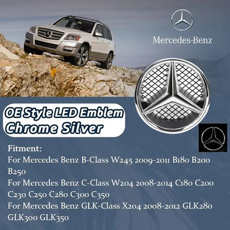 (OE LED-Argent) - Logo étoile 3D pour calandre avant, compatible avec Mercedes-Benz W245 B200 B250 W204 C300 C250 C350 GLK X204 GLK300 GLK350, bordure noire