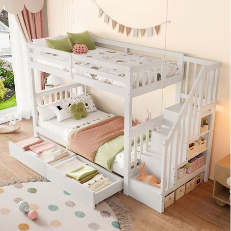 Etagenbett 90/200 cm weiß aus Kiefer und MDF mit Treppenregal und 2 Schubladen