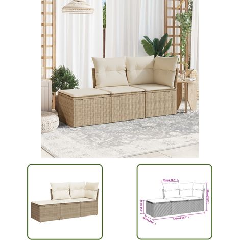 The Living Store Salon de jardin avec coussins 3 pcs beige résine tressée - Ensemble Salon De Jardin - Mobilier De Jardin - Salon Extérieur - Résine Tressée - Poufs (1/3)