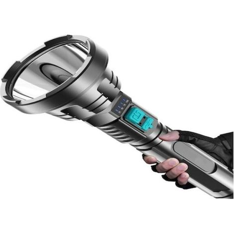 Linterna LED recargable por USB de alta capacidad y gran potencia, ultrabrillante, de largo alcance, para iluminación exterior, color negro.