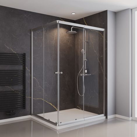 Accès d'angle droit avec parois portes de douche coulissantes, 75-90 x 75-90 x 180 cm, verre 4 mm, Sunny Schulte, profilé argenté