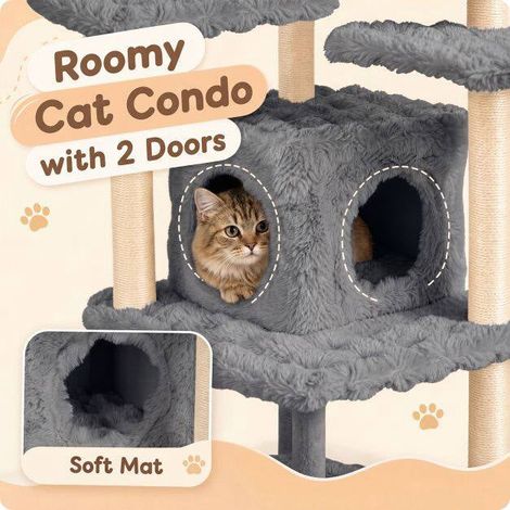 170cm Grey Cat Tree with Sisal Posts and Cave (1/5)