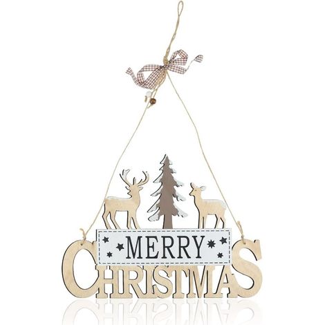 LAOA Plaque en Bois à Suspendre Plaque de Porte Merry Christmas Ornement d'arbre de Noël Décorations de Noël en Bois avec Éléments de Wapiti et d'arbre de Noël Suspension pour Porte Mur Fenêtre (1/5)