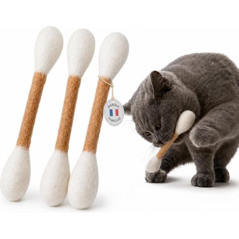Cattery DL – Juguete gigante XL con hisopo de algodón para gatos, paquete de 3, lana de fieltro 100% natural, infundido con hierba gatera, hecho a mano, juguete interactivo para gatos (1/5)