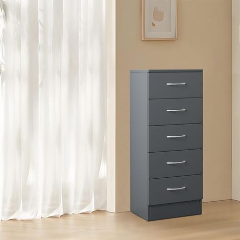 Narrow Tall Chest of 5 Drawers Bedside Bedroom Hallway Storage Cabinet Furniture Grey