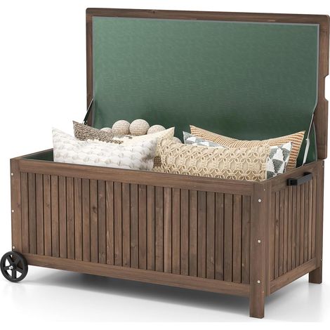 COSTWAY Coffre de Rangement en Bois de Sapin 213L avec Doublure Amovible Imperméable, Banc de Rangement Extérieur à Roulettes Charge 50KG pour Terrasse Jardin 114 x 58,5 x 51 cm, Marron (1/5)