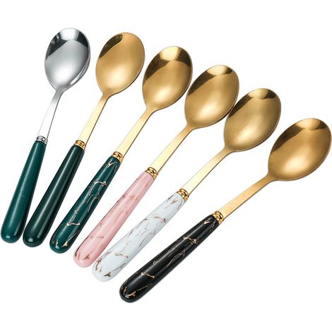 Lot de 6 Cuillère, Acier inoxydable, Manche céramique, Design veiné, Résistant corrosion, Pour café dessert soupe (1/5)