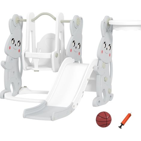 Scivolo bambino 4 in 1 con altalena, arrampicata e canestro, plastica grigia (1/4)