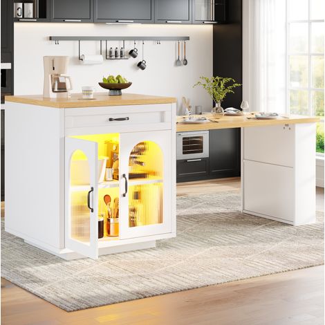 Meuble de cuisine îlot extensible avec LED RGB, 2 tiroirs et portes en verre strié, blanc HAVRYA (1/5)