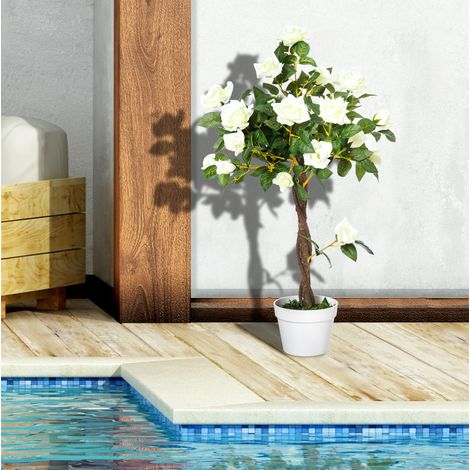 Plante artificielle rosier 90 cm blanc en plastique avec pot inclus (1/5)