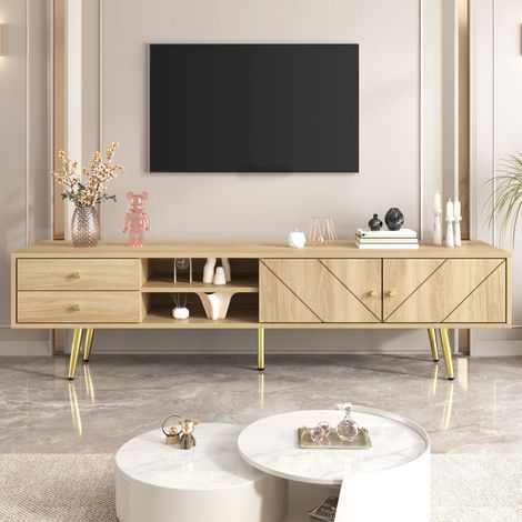 Meuble TV 160 cm effet bois avec 2 portes rainurées, 2 tiroirs, 2 niches ouvertes et pieds métal doré, style moderne (1/5)