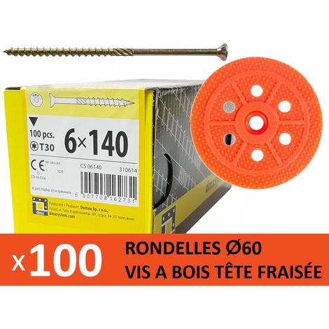 Pack de 100 rondelles d'isolation D.60 mm – 100 vis bois Torx L.140 mm – Fixation pour panneaux bois – Zingué jaune – MCM