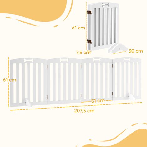 Barrière quatre panneaux blanc pliable pour chien 207,5x61cm porte deux pieds stabilisateurs autoportante, grille escalier moyens chiens (1/5)
