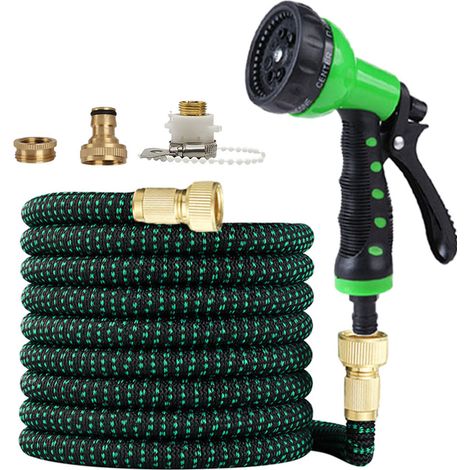 Tuyau d'Arrosage Extensible 50FT (15m) - Pistolet Vert & Noir, Tuyau Tressé Noir-Vert, Kit Complet-lsw (1/4)