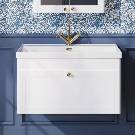 Nuie Classique Wall Hung 1-Drawer Vanity Unit with 1TH Thin-Edge Basin 800mm Wide - Satin White