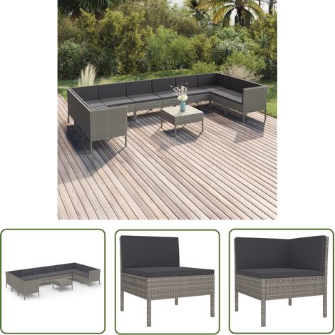 The Living Store Salon de jardin 11 pcs avec coussins Résine tressée Gris - Salon De Jardin - Mobilier De Jardin - Set De Salon De Jardin - Résine Tressée - Chaise Longue (1/5)