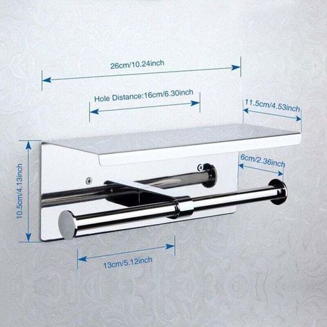Portarrollos doble de papel higiénico de pared con dos rollos, estante de almacenamiento de acero inoxidable 304, portarrollos con soporte para teléfono móvil, para baños (plateado) (1/4)