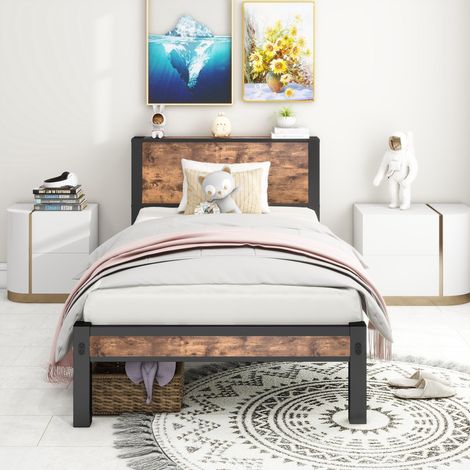 Cadre de lit en métal 90x200cm avec tête de lit de rangement, sommier à lattes, silencieux, base en métal, sans sommier tapissier, marron vintage, garantie 2 ans
